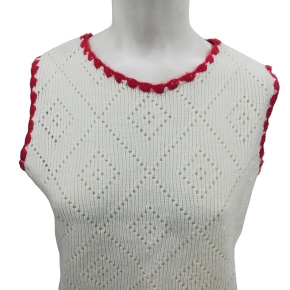Vintage Nan Dorsey Pullover Sweater Vest Size M Eyelet Knit Crochet White Red - Picture 5 of 11